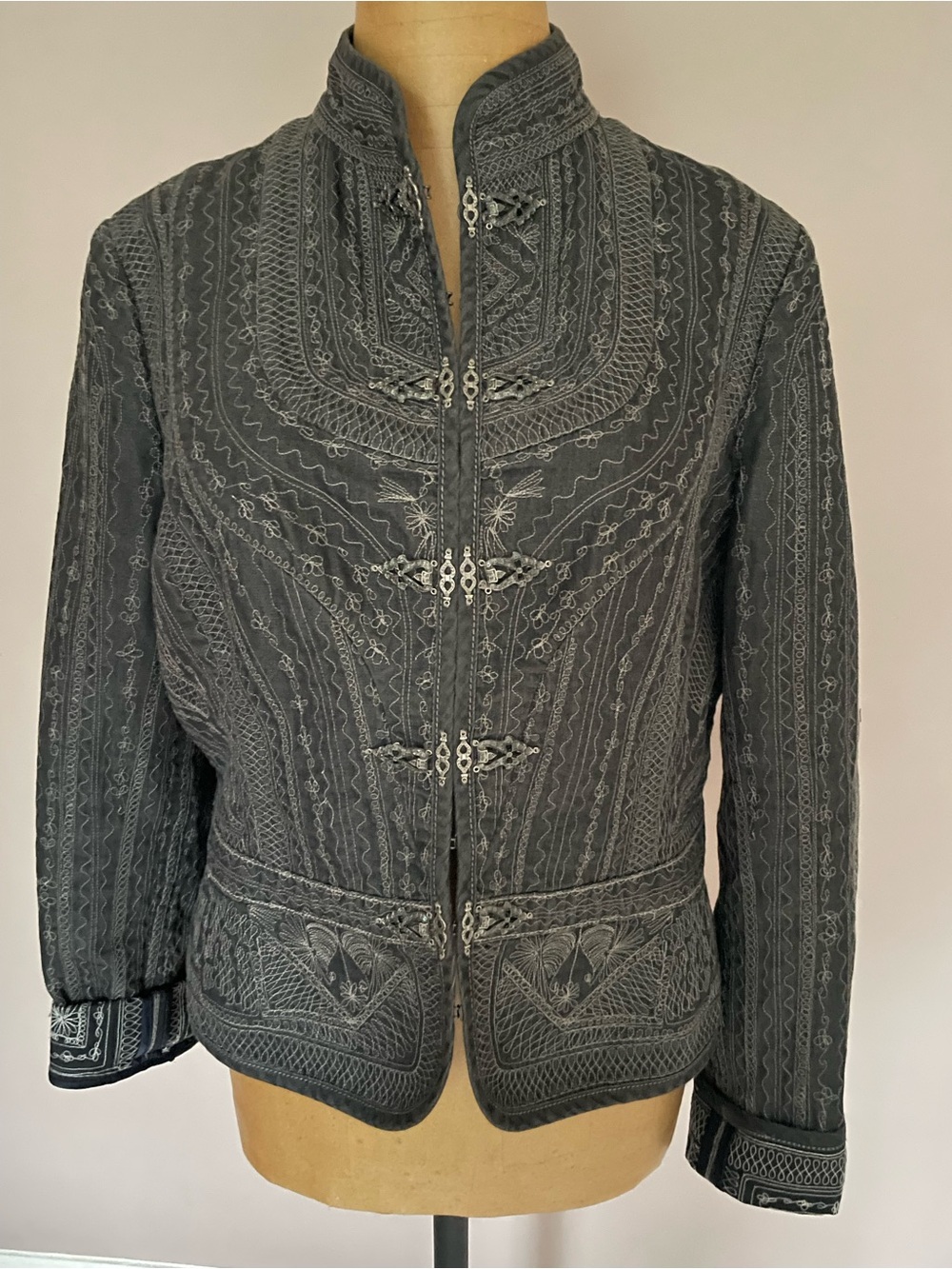 Tahari Charcoal Gray Embroidered Denim Jacket